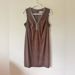 Eliza J Brown Sleeveless Faux Suede Midi Dress with Embellished V-Neck